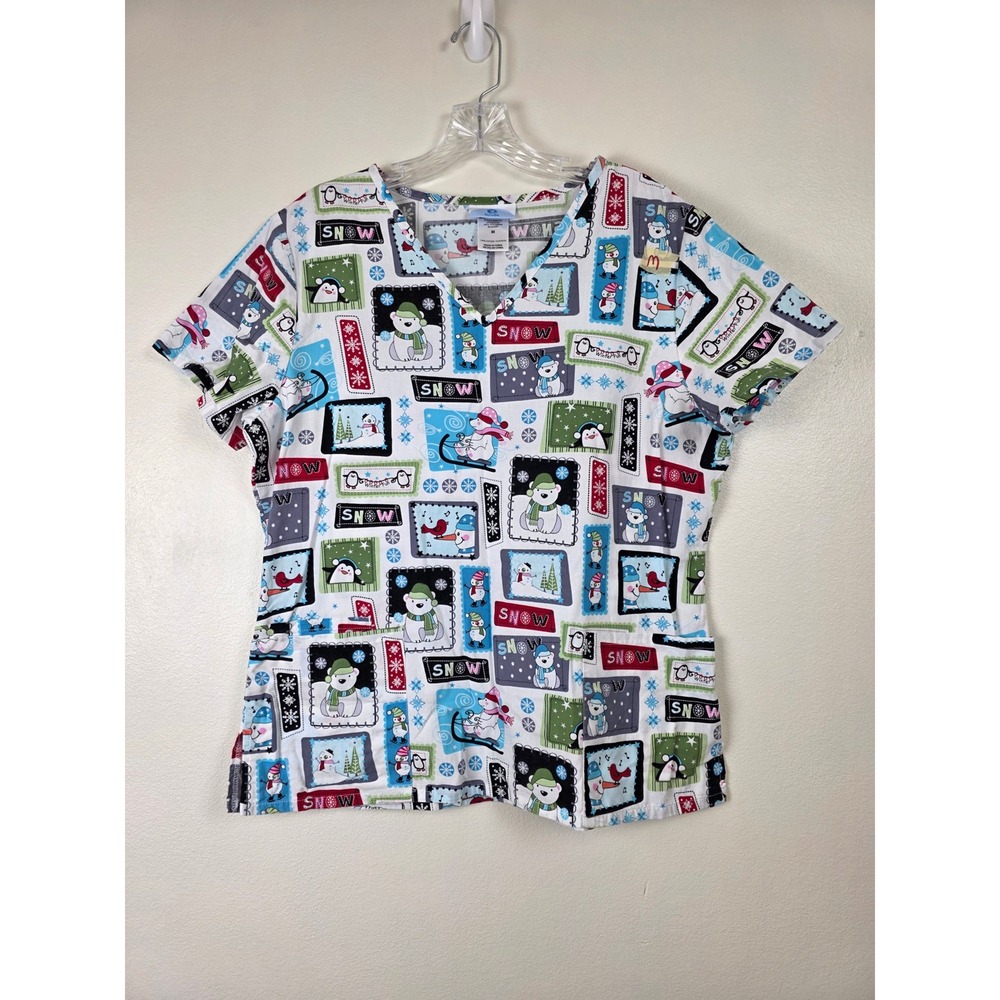 SB Scrubs Scrub Top Womens M Multicolor Winter Snowman Penguin Christmas Holiday